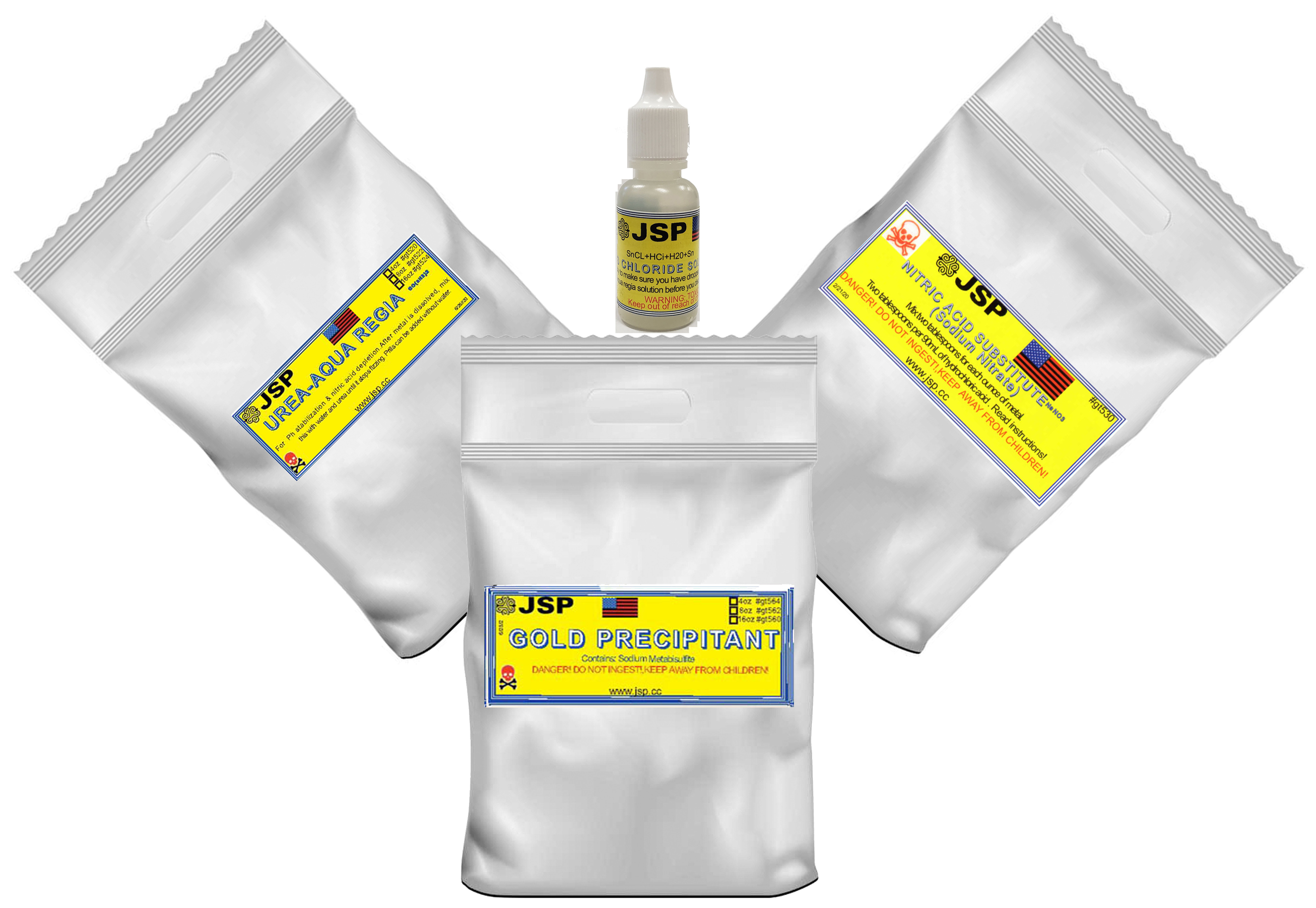 Aqua regia gold refining supply kit, 3x 1/2lb bags+ Gold Precipitant +Stannous Chloride with instructions.