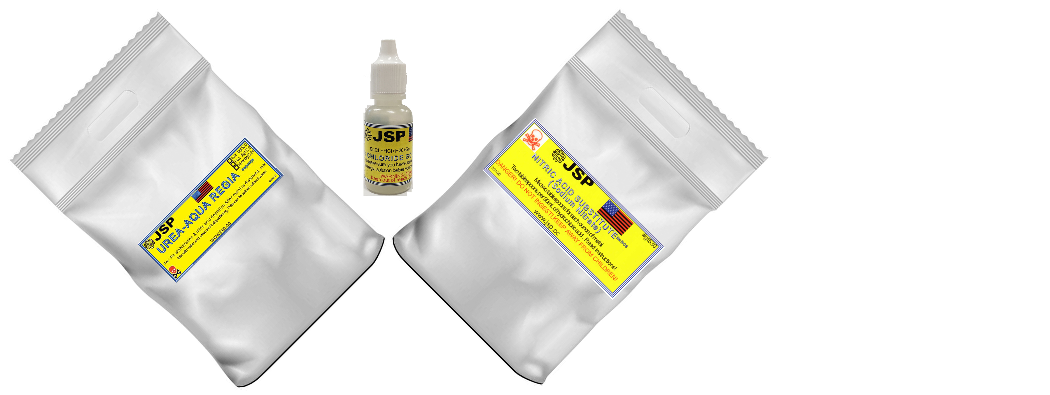 Aqua regia gold refining supply kit, 2x 1/4lb bags +Stannous Chloride with instructions.